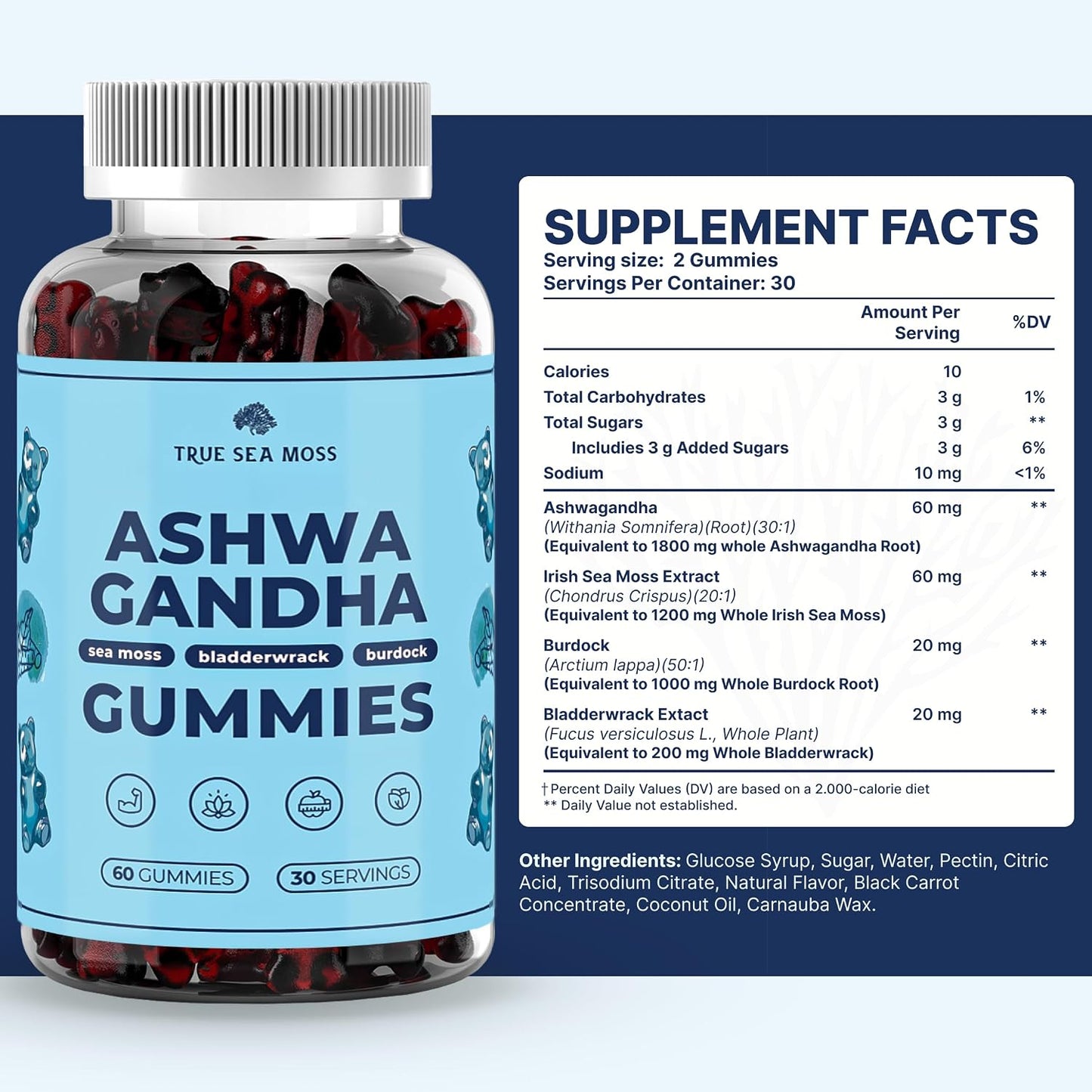 TrueSeaMoss Sea Moss Gummies with Ashwagandha, Burdock Root & Bladderwrack – for Adults & Children 4+, Fruity Flavour – 60 Gummies - görsel 2