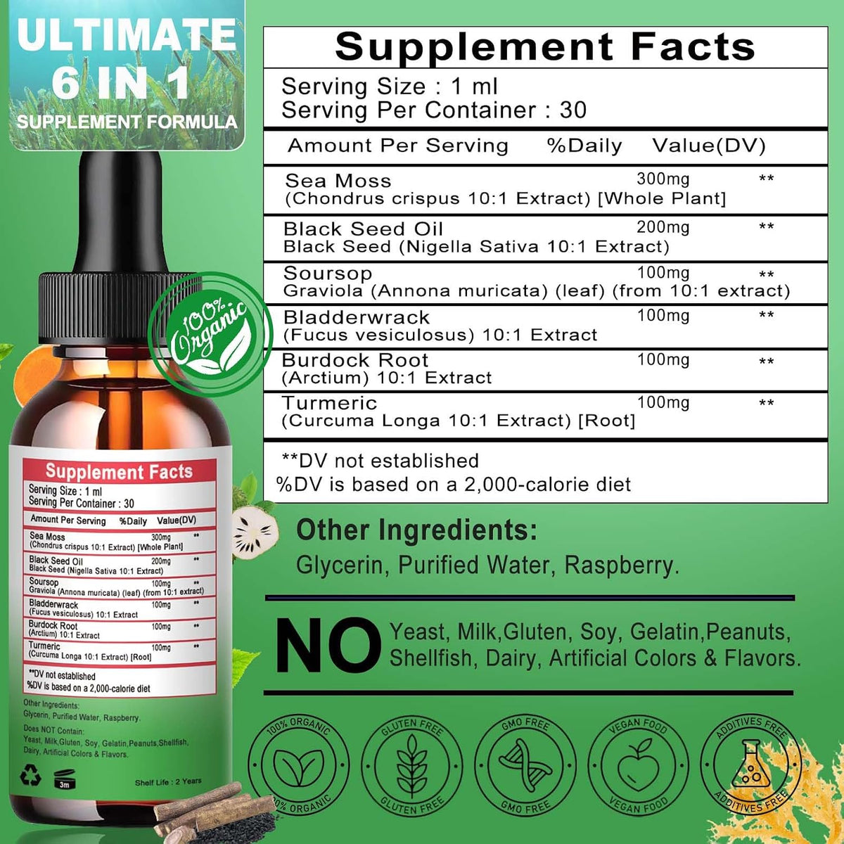 Sea Moss Black Seed Oil Soursop Liquid Drops with Bladderwrack Burdock Root Turmeric – Multimineral and Vitamin Superfood Drops - görsel 6