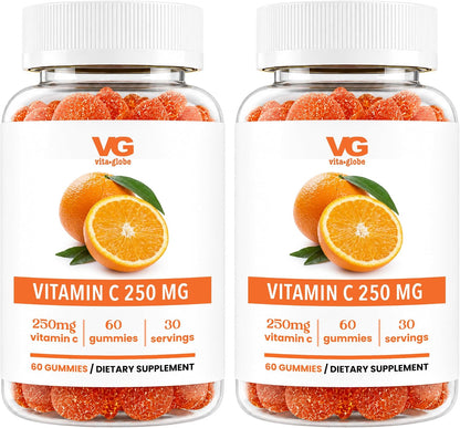 VITA GLOBE Vitamin C Gummies 250mg with Collagen – Vegan, Non-GMO, Immune Support – Orange Flavour – 60 Count (2 Pack)