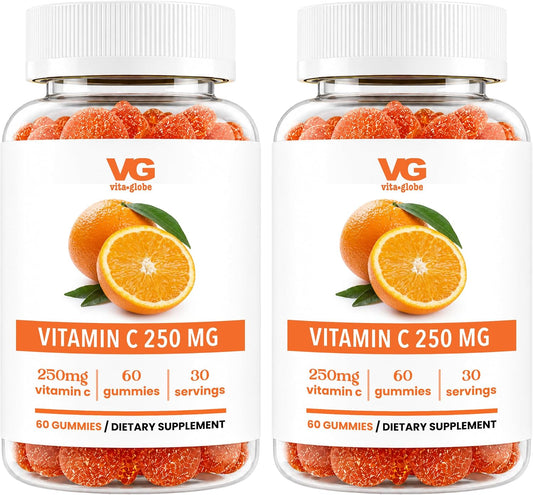 VITA GLOBE Vitamin C Gummies 250mg with Collagen – Vegan, Non-GMO, Immune Support – Orange Flavour – 60 Count (2 Pack)