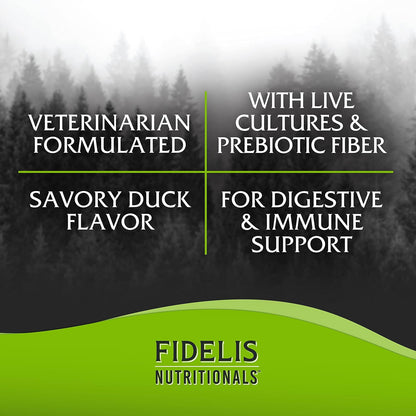 FIDELIS Probiotic Plus+ Pet Probiotics for Dogs, Digestive Gut Health, Yeast, Itchy Skin/Ears, Paw Licking, Safe Dog Treat Supplement for Pets, Adult, Big & Small, Made in USA, Duck Flavour, 120 Chews