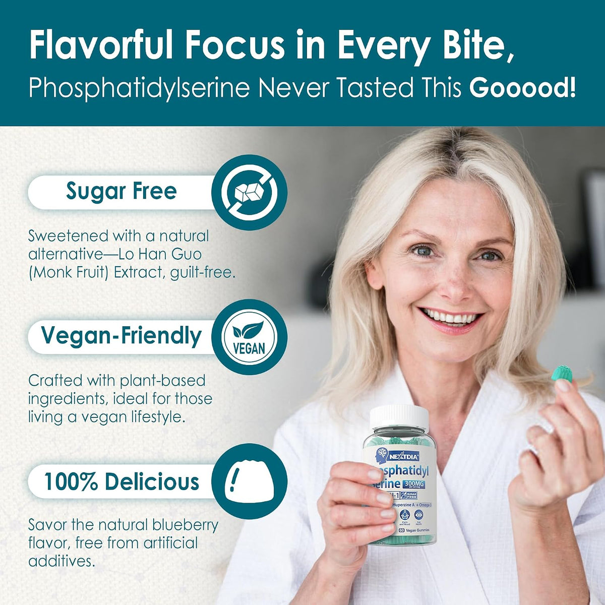 Phosphatidylserine Nootropic Brain Supplement Gummies - Focus & Energy + Bacopa Monnieri, Omega-3, Huperzine A, Methyl B12 & B6 - Non-GMO, Sugar Free, 60 Count - görsel 7