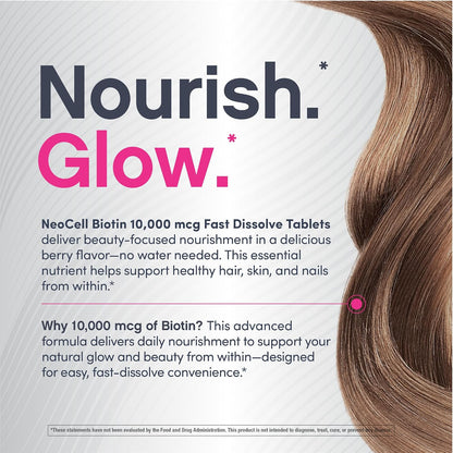 NeoCell Biotin 10000mcg Fast Dissolve Tablets | 180 Count | for Women and Men | Berry Flavour Supplement | Hair, Skin, and Nails
