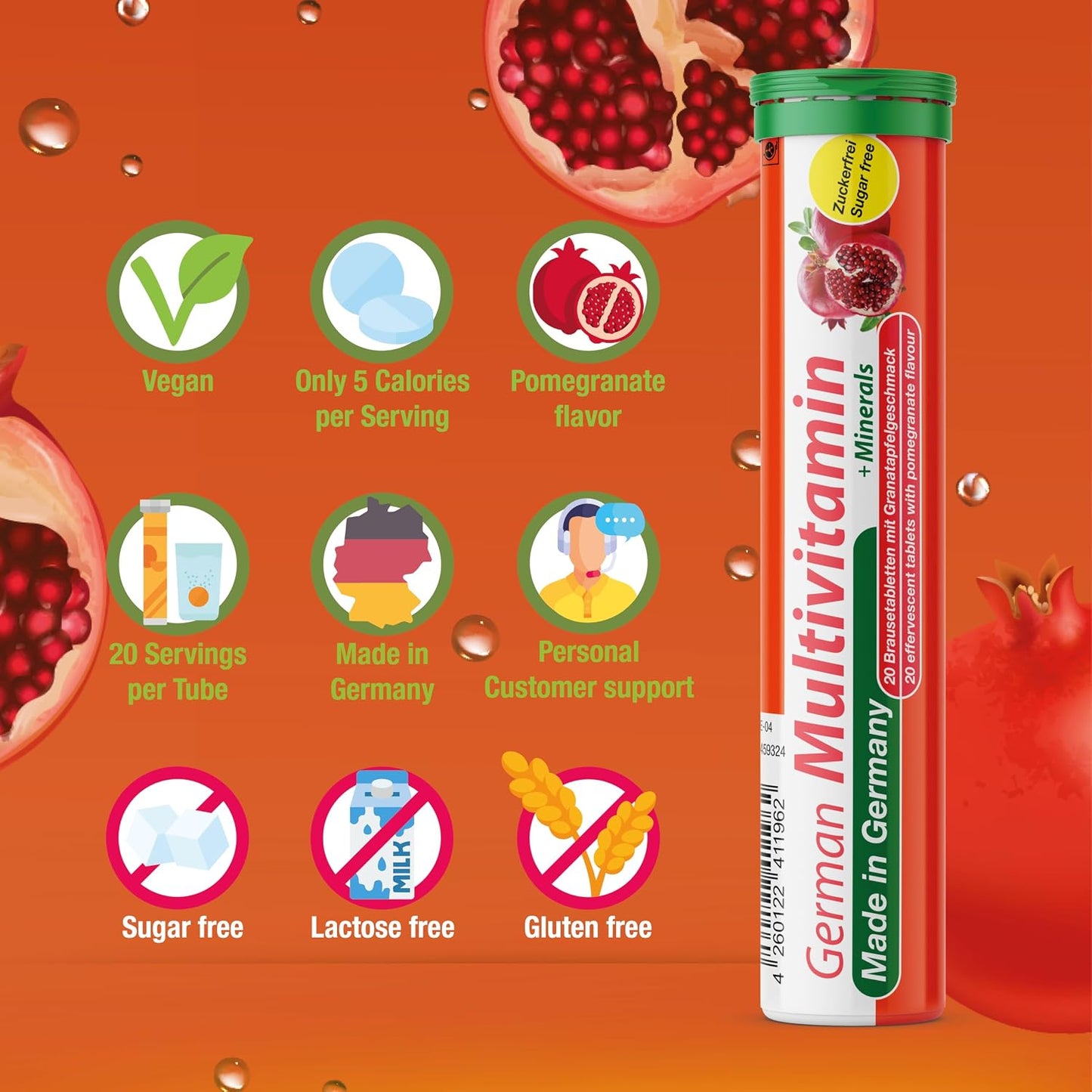 T&D German Multivitamin + Minerals 10 Vitamins 2 Minerals - 240 Vegan Effervescent Tablets - Pomegranate Flavour - Made in Germany - görsel 5