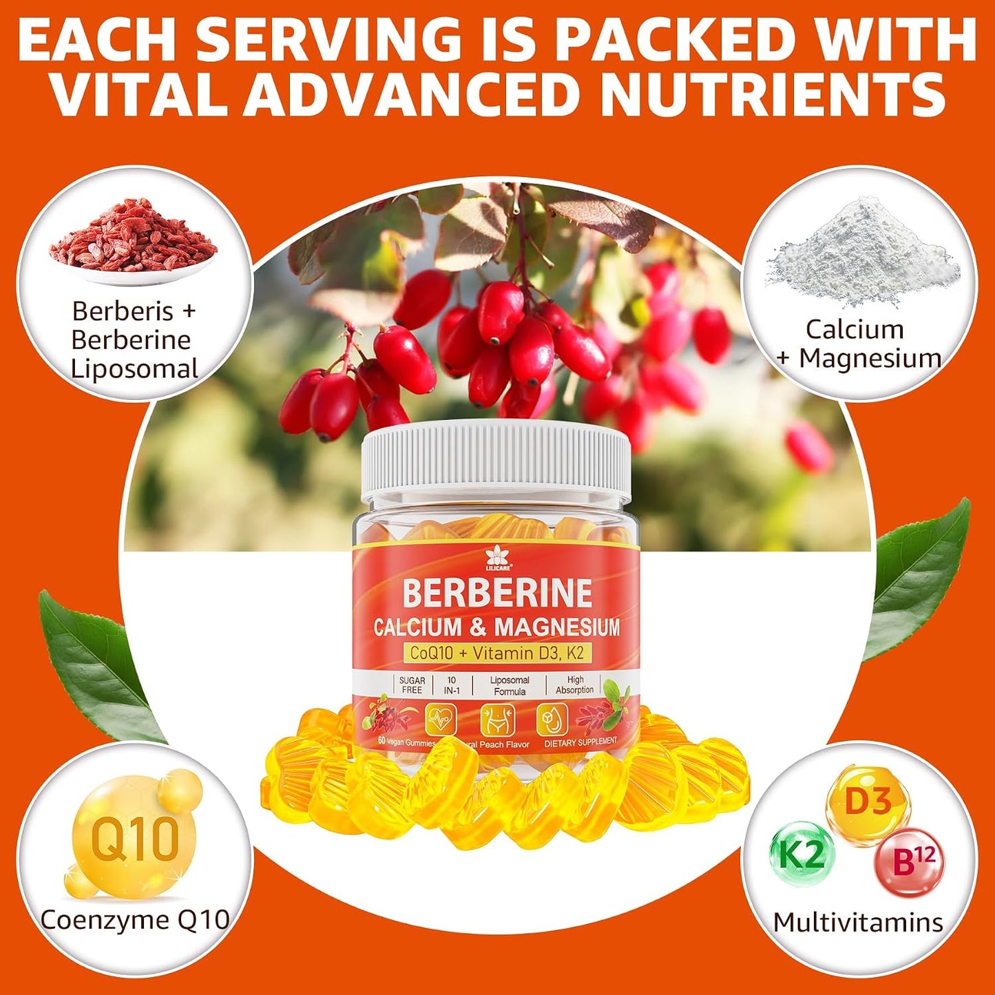 LILICARE Berberine Gummies Sugar Free, Extra Absorption with Liposomal Berberine & Berberine HCI, Calcium, Magnesium, AMPK Activator, Vegan, Pack of 1 - görsel 8