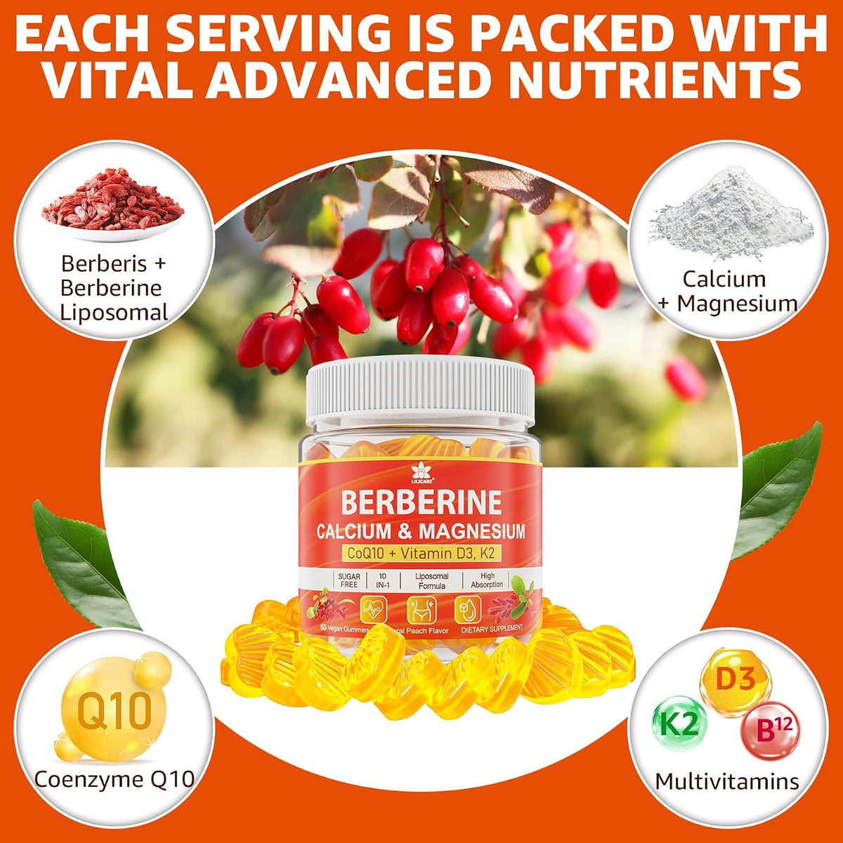 LILICARE Berberine Gummies Sugar Free, Extra Absorption with Liposomal Berberine & Berberine HCI, Calcium, Magnesium, AMPK Activator, Vegan, Pack of 1 - görsel 8