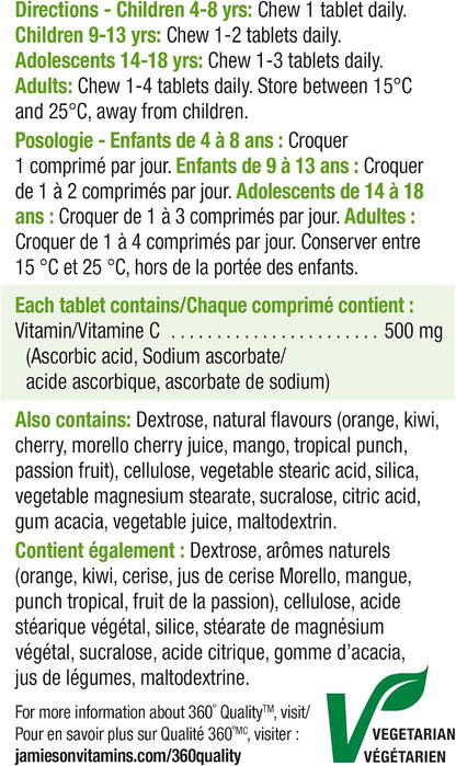 Jamieson Laboratories Vitamin C Chewable 500mg, Mixed Fruit Flavours, 120 Tablets
