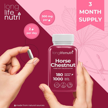 LongLifeNutri Horse Chestnut Extract 500mg – Organic Supplement for Circulation & Wellbeing, 180 Vegetarian Capsules