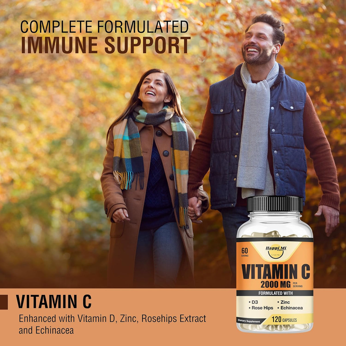 Vitamin C 2000mg per Serving with Zinc 40mg & Vitamin D3 5000 IU – Echinacea Extract & Rose Hip – 120 Vegan Capsules, 60 Day Supply, Non-GMO, No Fillers - görsel 5