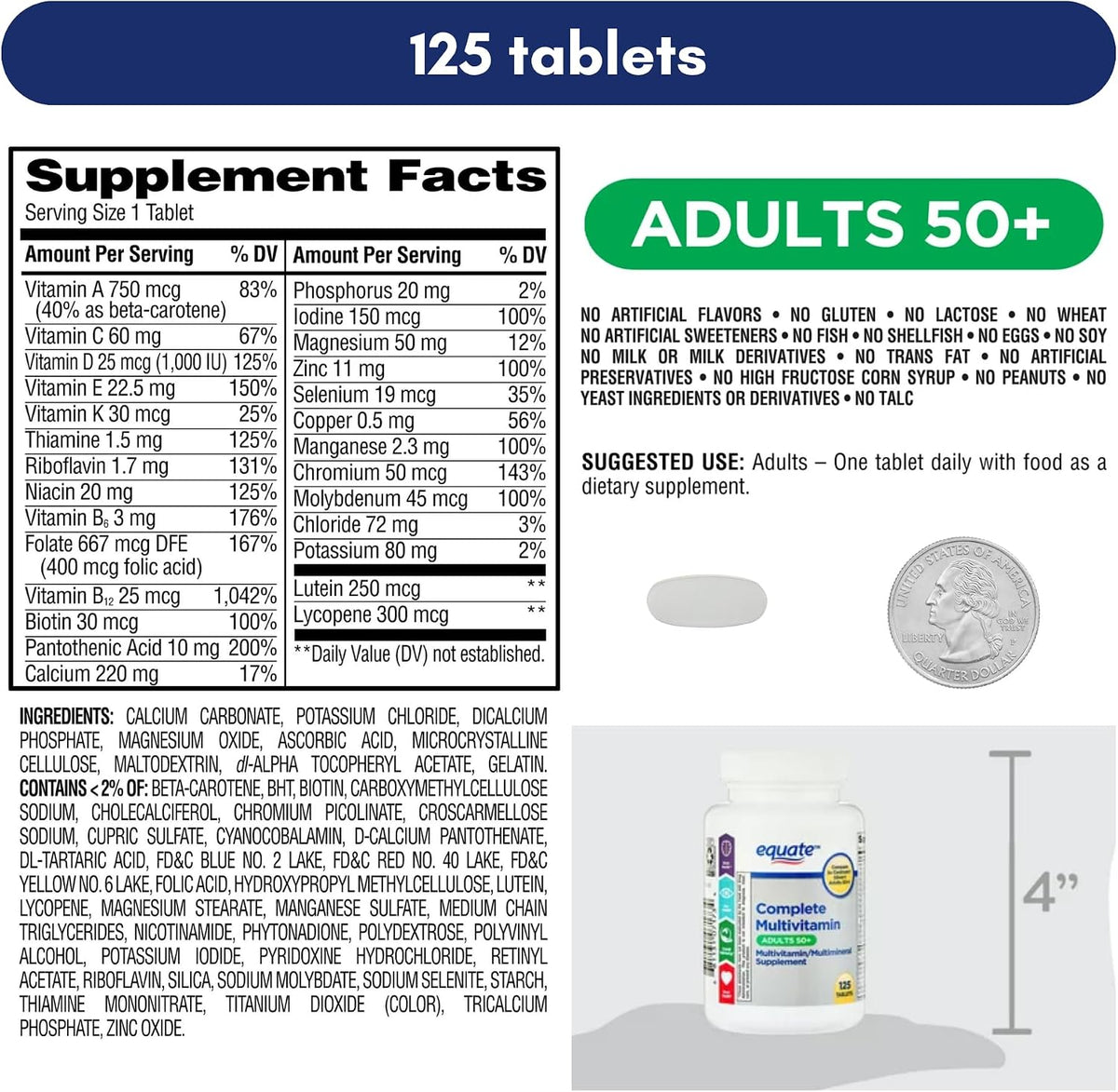 Equate Adult 50+ One Daily Complete Multivitamin and Multimineral Supplement Tablets, Healthy Brain*, 125 Tablets - görsel 6