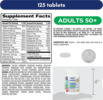 Equate Adult 50+ One Daily Complete Multivitamin and Multimineral Supplement Tablets, Healthy Brain*, 125 Tablets