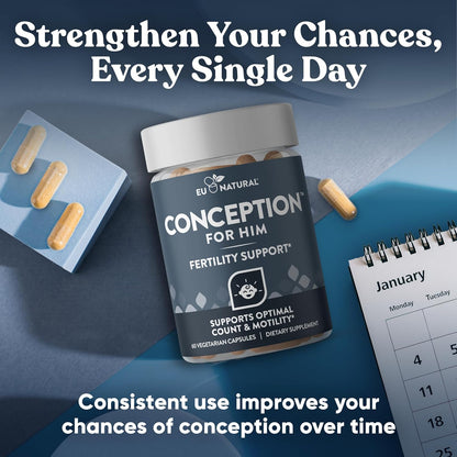 Eu Natural Conception for Him - Male Fertility Supplements with Ashwagandha, Folate & Zinc - Sperm Count, Motility & Strength Support - 60 Vegetarian Capsules