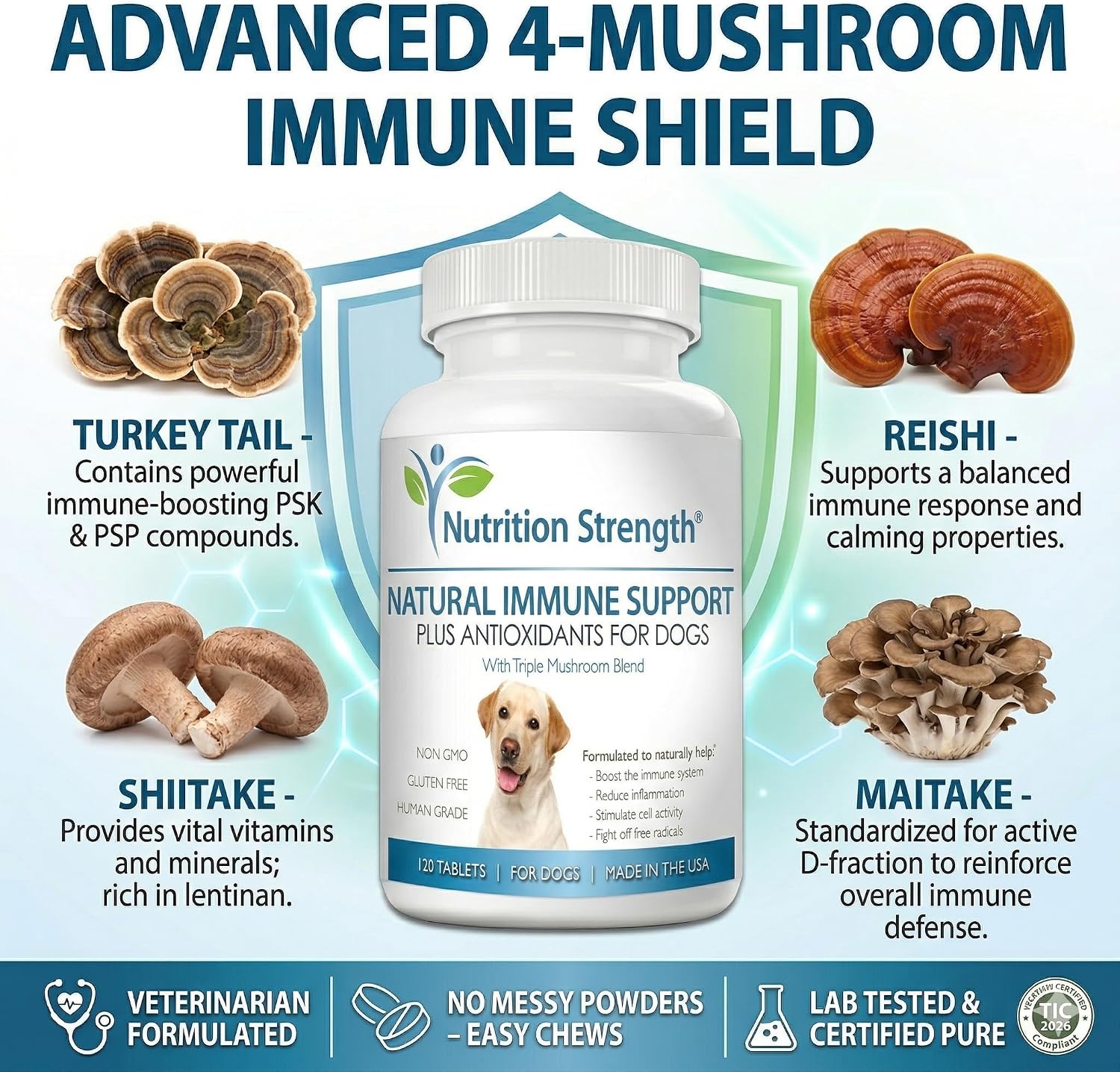 Immune Support for Dogs – Turkey Tail, Reishi, Shiitake & Maitake Mushroom Complex with CoQ10 and Vitamin A – 120 Chewable Tablets - görsel 2