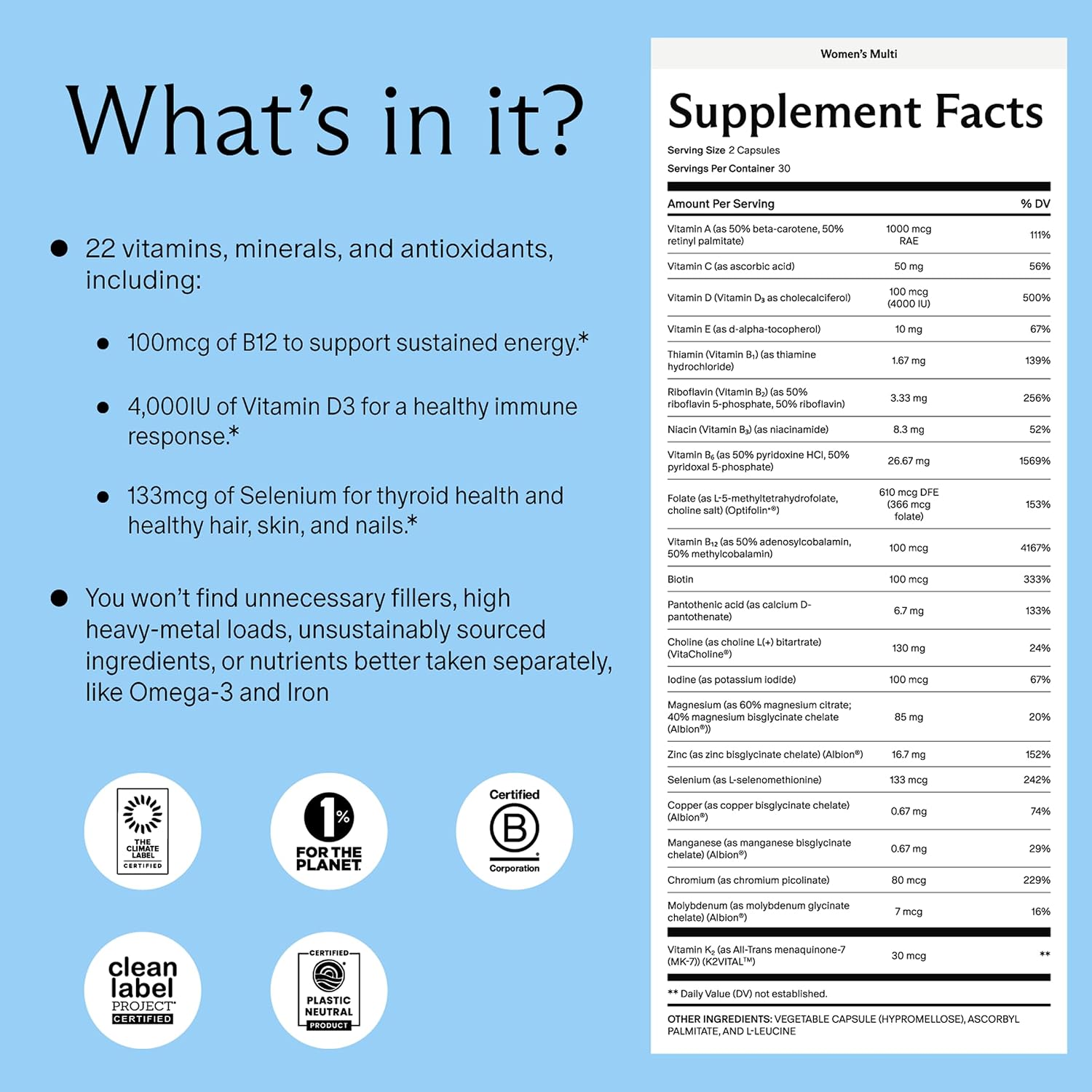 Needed. Multivitamin for Women with 22 Vitamins, Minerals and Antioxidants - Daily Women's Multivitamin - Vitamin B12, B6, D3 4000 IU, Choline, Biotin, Magnesium, Folate and More (60 Count) - görsel 2