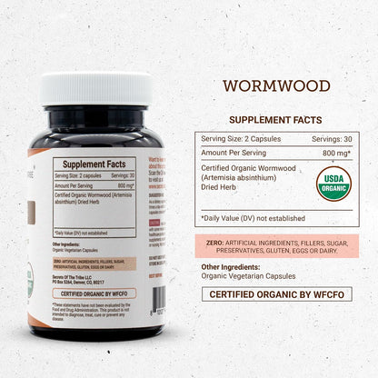 Secrets of the Tribe Wormwood USDA Organic Capsules – Certified Organic Vegetarian Capsules, Herbal Food Supplement | Artemisia Absinthium Dried Herb (60 Count)