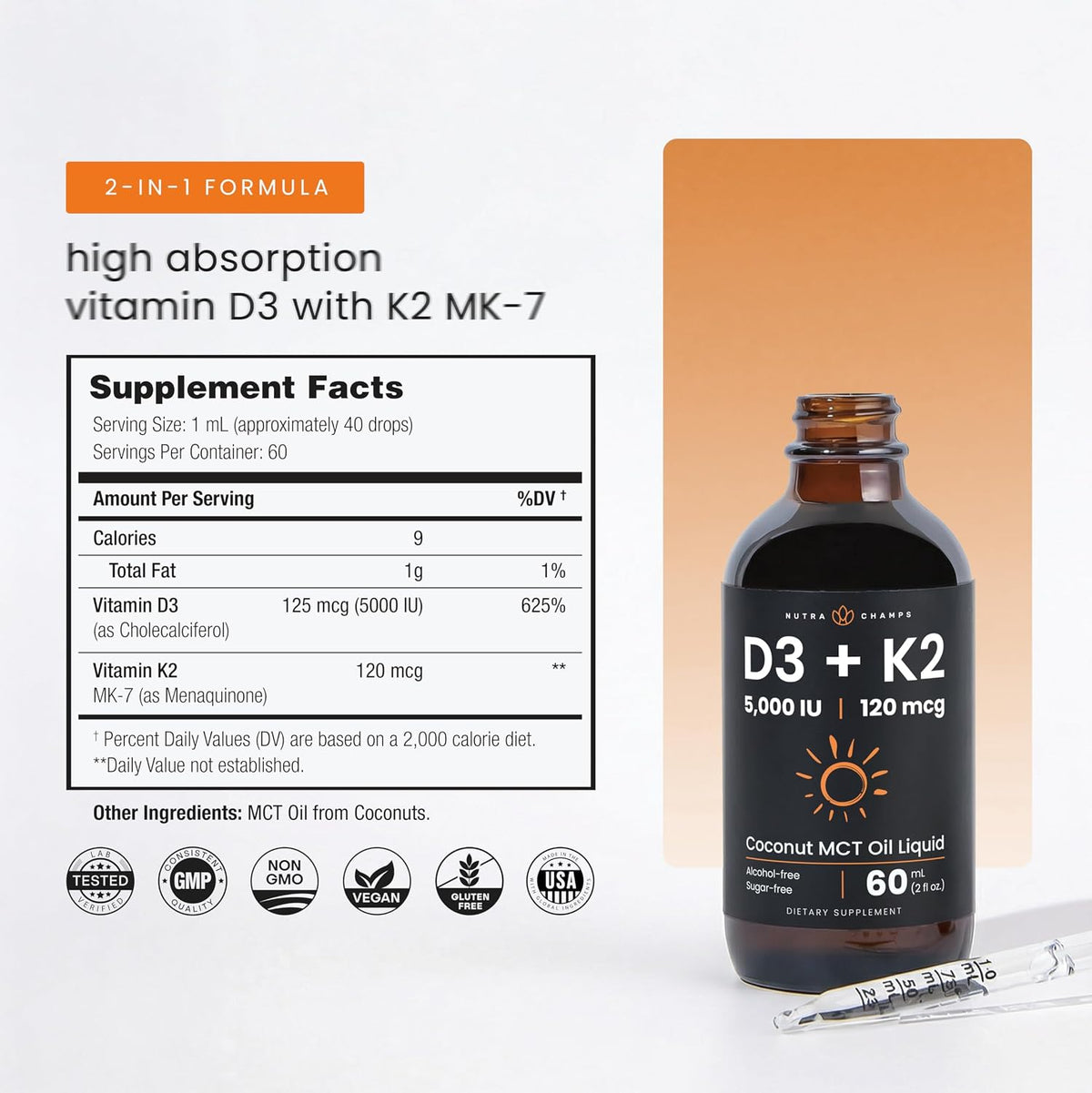 NutraChamps Vitamin D3 K2 Drops - Liquid D3 5000 IU with K2 MK-7, Unflavoured - görsel 2