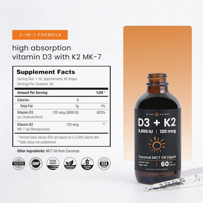 NutraChamps Vitamin D3 K2 Drops - Liquid D3 5000 IU with K2 MK-7, Unflavoured