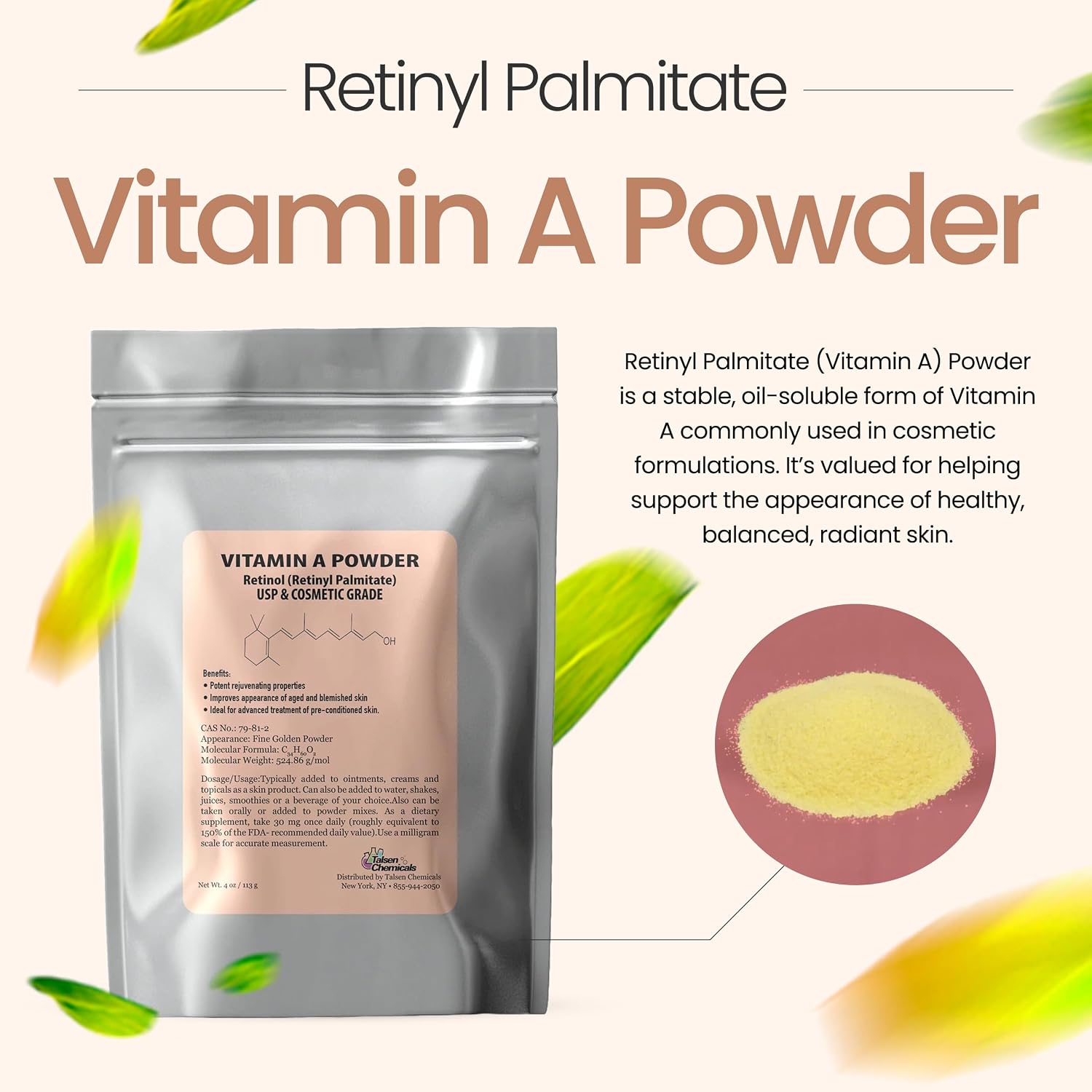 Talsen Chemicals Vitamin A Powder - Retinyl Palmitate, Pure Retinol Powder for Cosmetic Uses (113 g) - görsel 3