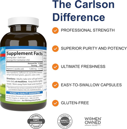 Carlson C-Gels 1000mg Vitamin C Softgels – Immune & Blood Vessel Support, Antioxidant, 250 Softgels