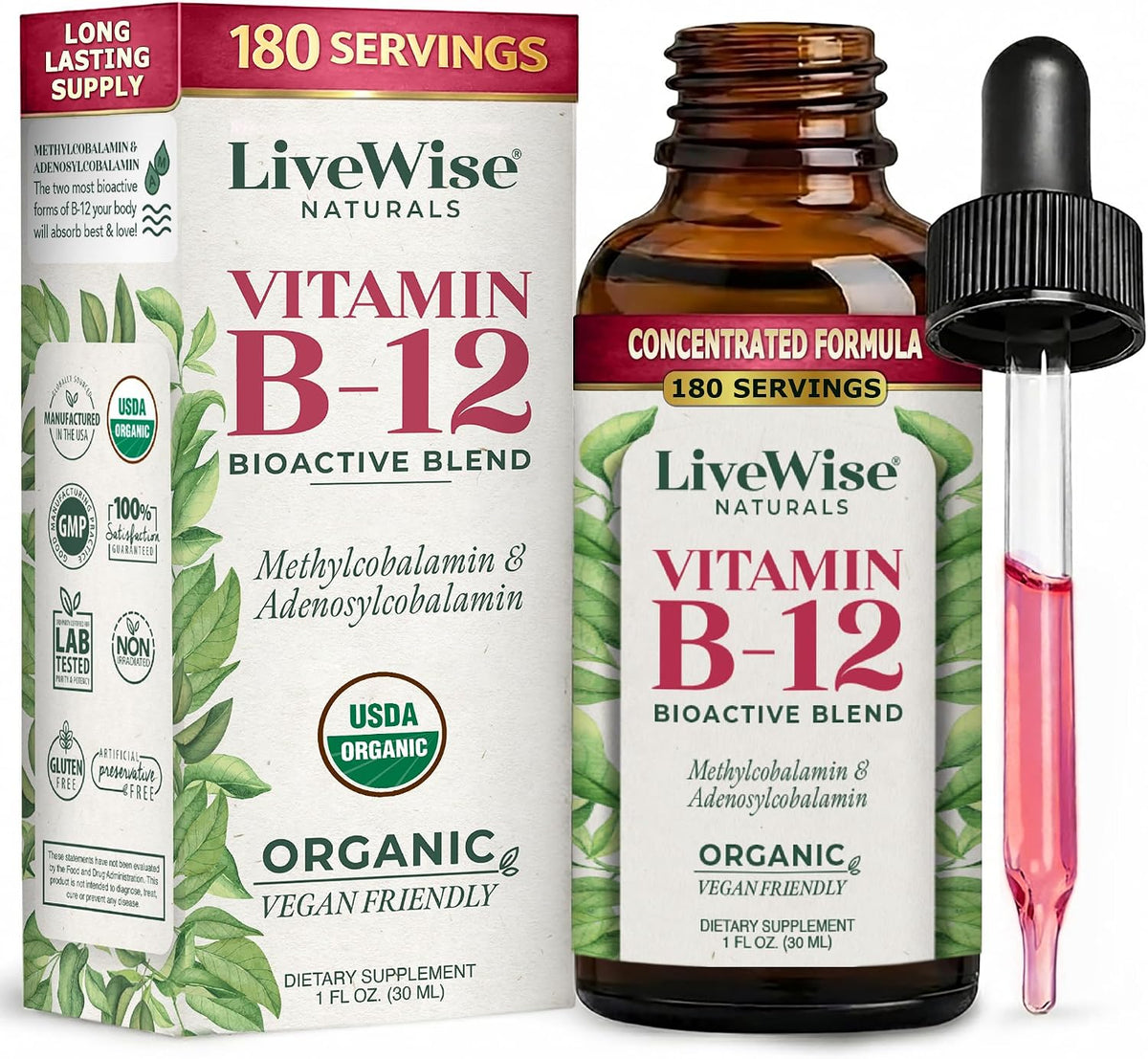 Organic Vitamin B12 1000 mcg Sublingual Liquid Drops - Methylcobalamin & Adenosylcobalamin, Unflavoured, 60 ml (450 Servings) - görsel 9