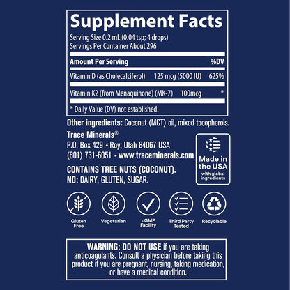 Trace Minerals Liquid Ionic Vitamin D3 + K2 - 125 mcg (5,000 IU) D3, 100 mcg K2, Concentrated Food Supplement, 2 fl oz (296 Servings)