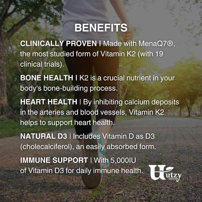 Utzy Naturals Vitamin K2 + D3 | High Strength K2 (MenaQ7) & D3 5000 IU | 60 Capsules