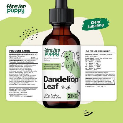 Forever Puppy Dandelion Leaf Drops for Dogs - Liquid Herbal Supplement for Kidney Support, 60 ml