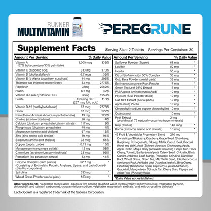 PEREGRUNE Runner Multivitamin | Formulated Vitamin with Antioxidants and Complete B Complex to Support Endurance and Energy | Probiotics, Whole Foods | Certified Running Supplements