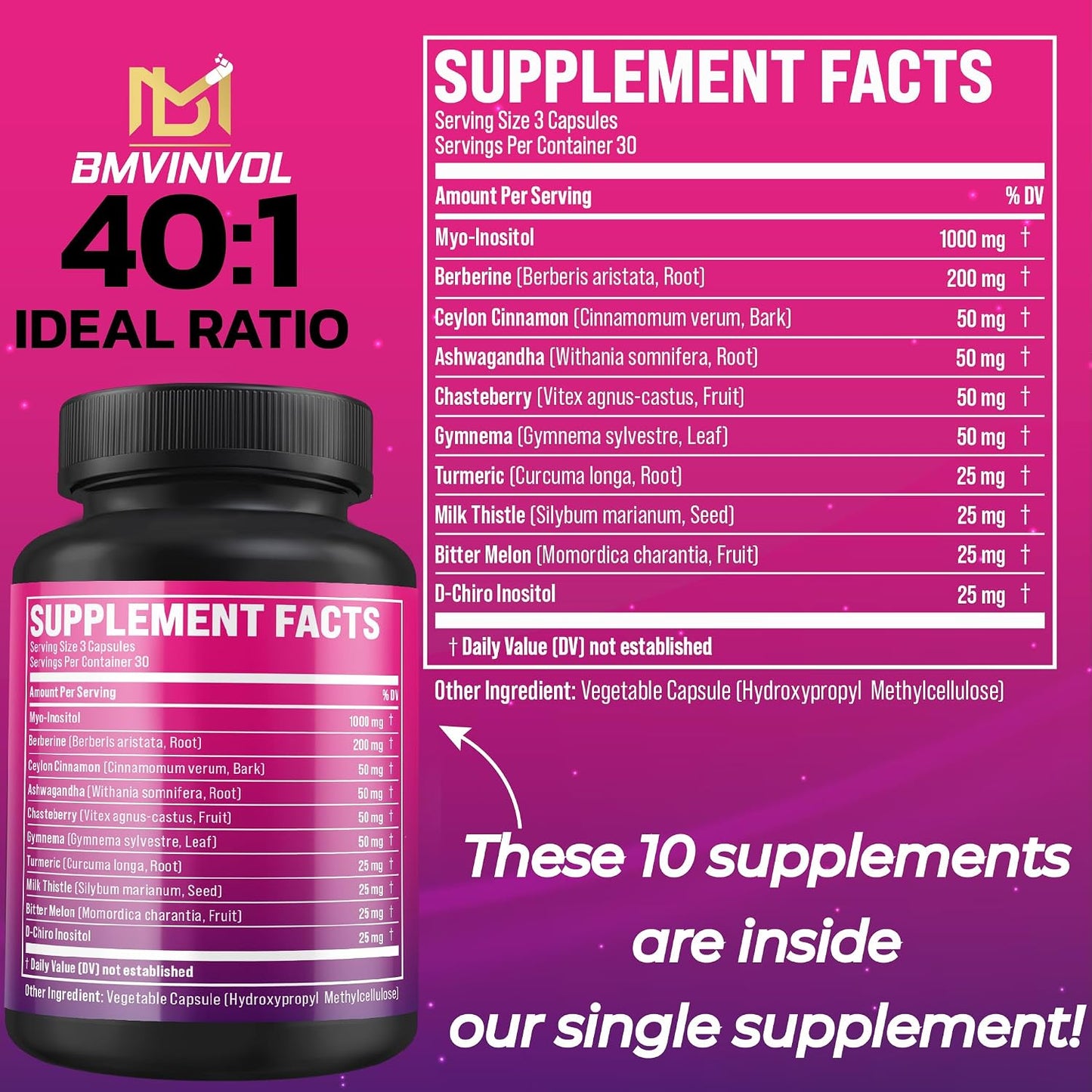 BMVINVOL Inositol Supplement 2 Pack – Myo-Inositol and D-Chiro Inositol 40:1 Ratio with Berberine, Ashwagandha & More – 60 Day Supply - görsel 2