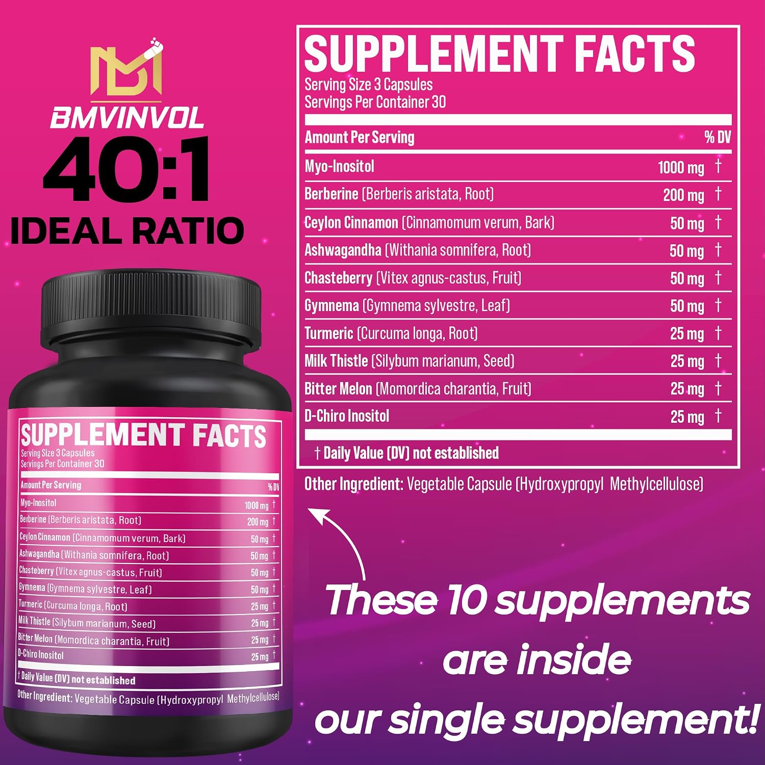 BMVINVOL Inositol Supplement 2 Pack – Myo-Inositol and D-Chiro Inositol 40:1 Ratio with Berberine, Ashwagandha & More – 60 Day Supply - görsel 2