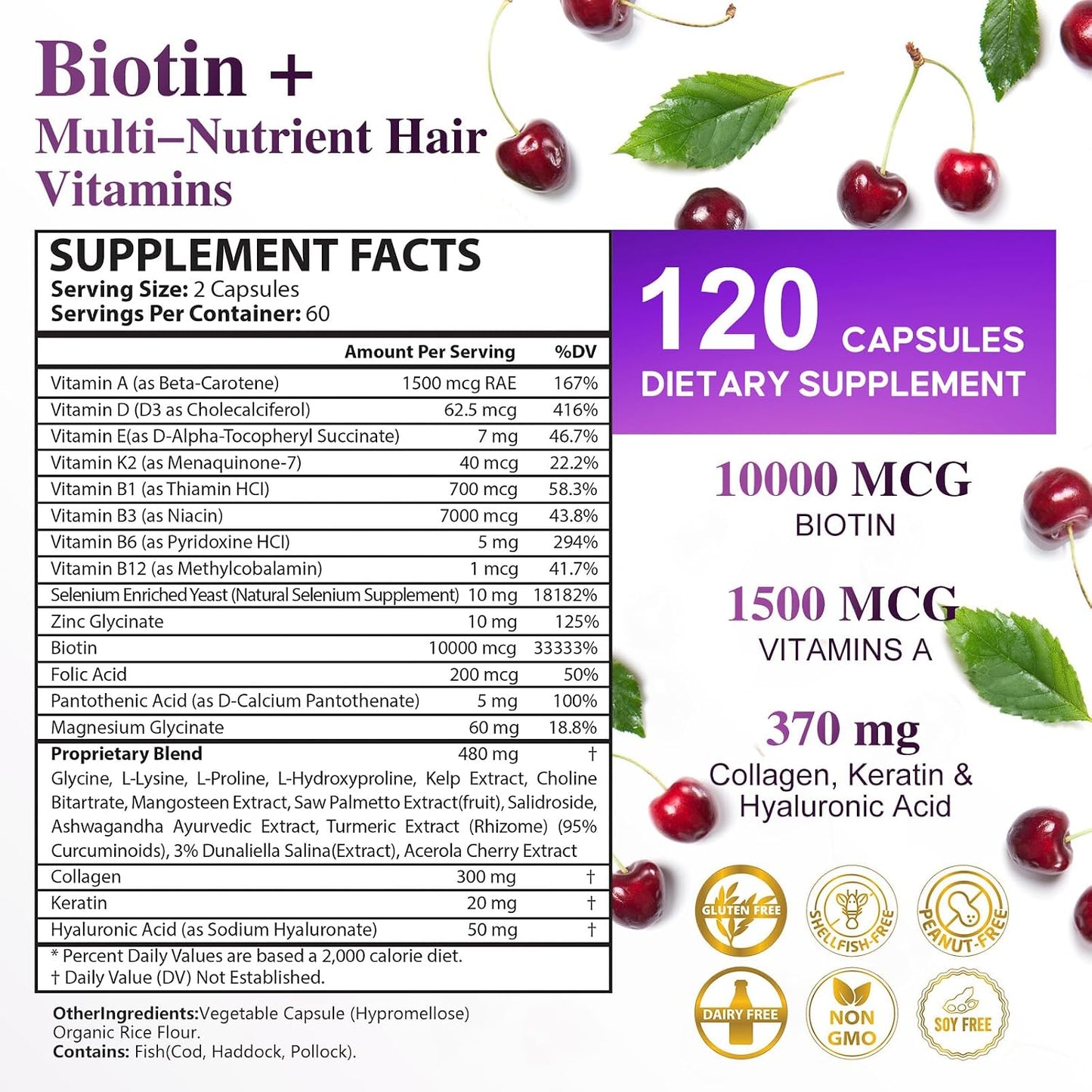 Bevalence Biotin 10,000mcg for Hair, Skin and Nails – with Collagen and Keratin (120 Capsules) - görsel 2