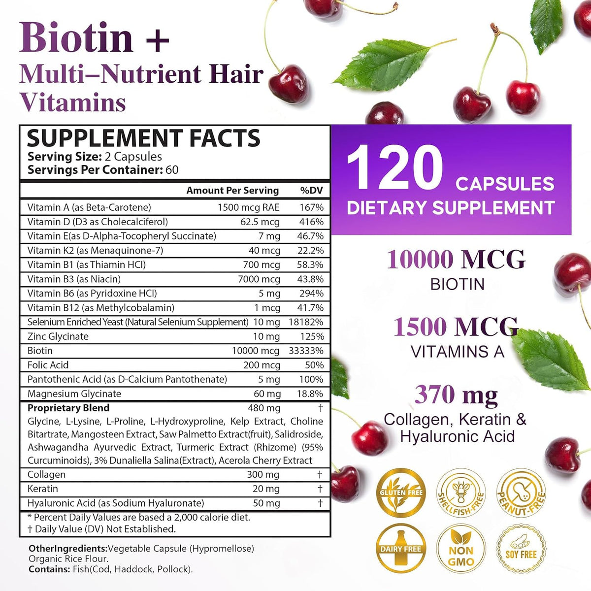 Bevalence Biotin 10,000mcg for Hair, Skin and Nails – with Collagen and Keratin (120 Capsules) - görsel 2