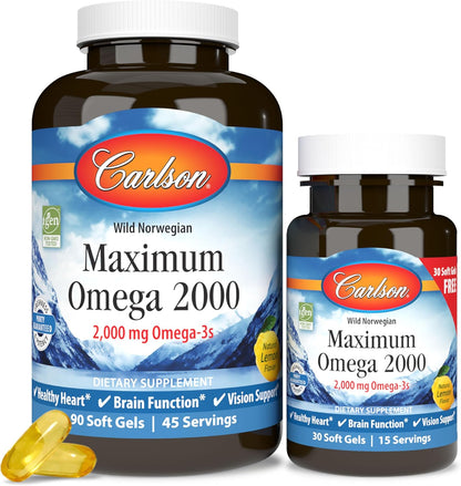 Carlson Maximum Omega 2000 - 2000 mg Omega-3 Fatty Acids, EPA & DHA, Wild-Caught Norwegian Fish Oil, Lemon Flavour, 90+30 Softgels