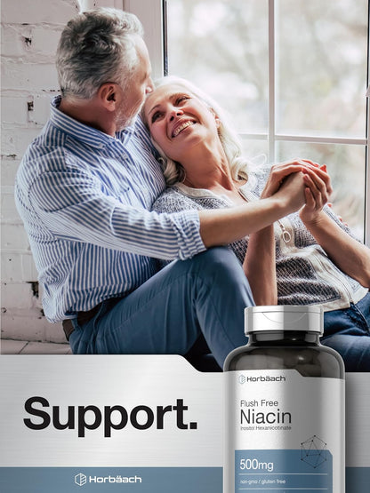 Horbaach Niacin 500mg Flush Free | 70 Capsules | Vitamin B3 Inositol Hexanicotinate | Non-GM and Gluten-free