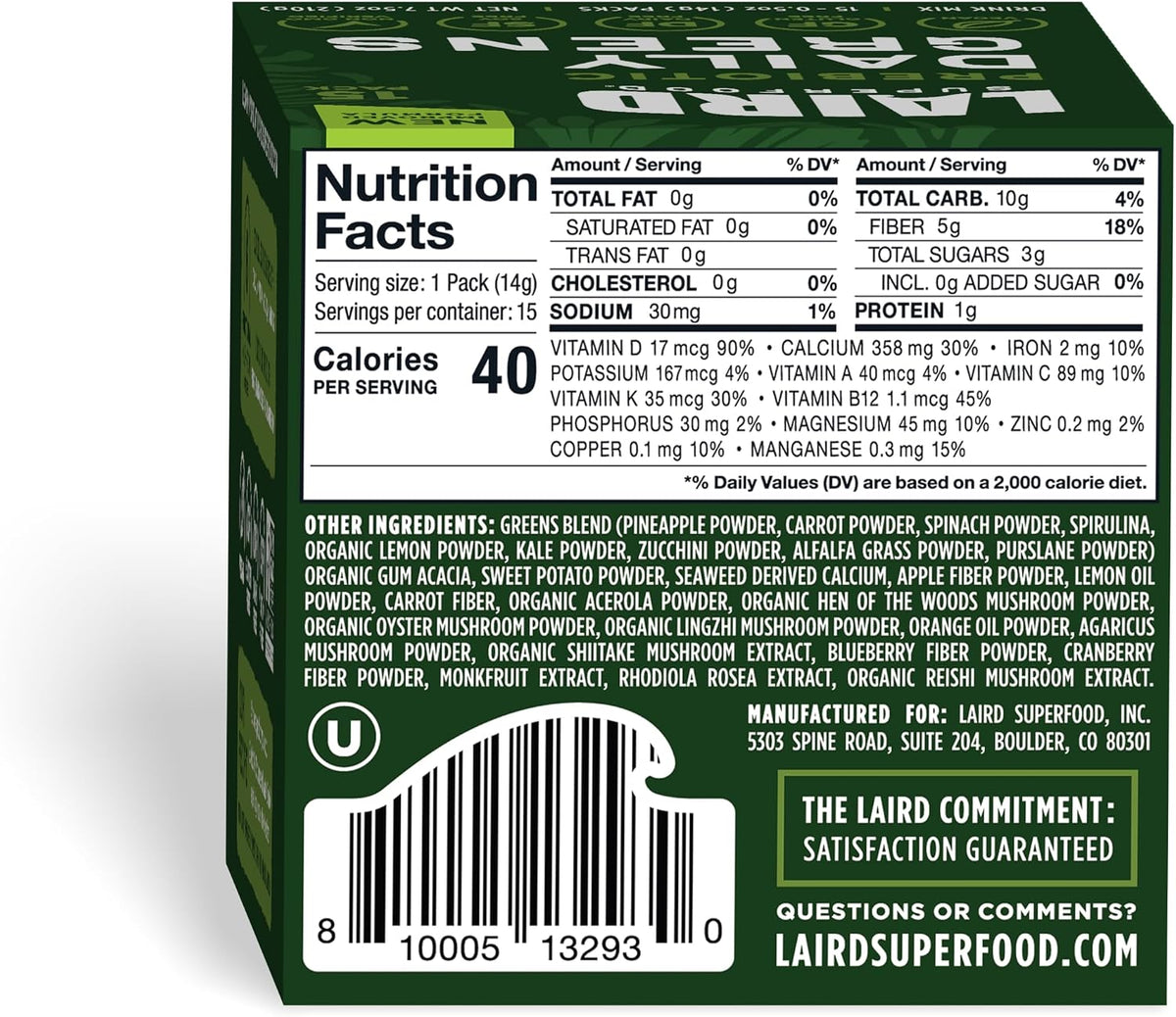 Laird Superfood Prebiotic Daily Greens, 15 Sachets, 0.5 oz (14 g) Each - görsel 2
