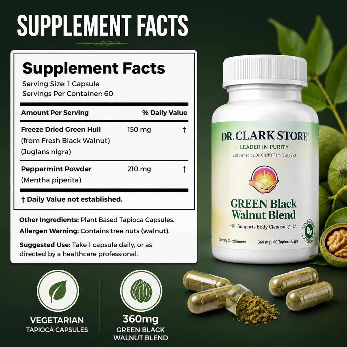 Dr Clark Store Green Black Walnut Blend 360mg with Peppermint, 60 Tapioca Capsules - görsel 9