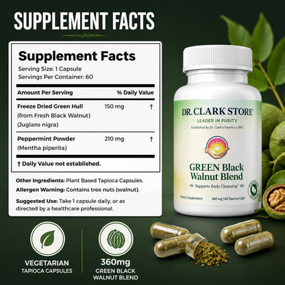 Dr Clark Store Green Black Walnut Blend 360mg with Peppermint, 60 Tapioca Capsules