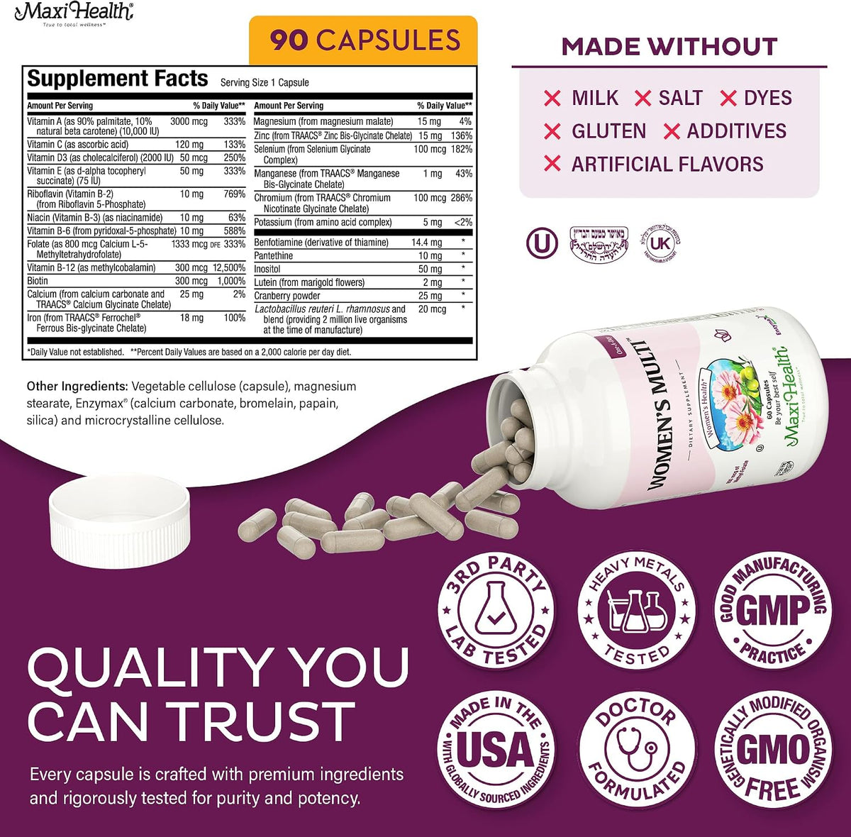 Women's Multivitamin – Methylated Multivitamin with 23 Key Vitamins, Probiotics and Enzymes for Energy, Skin, Nails & Gut Health – Kosher (90 Capsules) - görsel 5