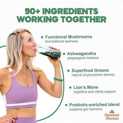 Optimum Human Superfood Greens Powder – 90+ Ingredient Blend with Lion’s Mane, Ashwagandha & Turmeric – Non-GMO, Soya-Free, Mushroom Supplements for Women – 178 g
