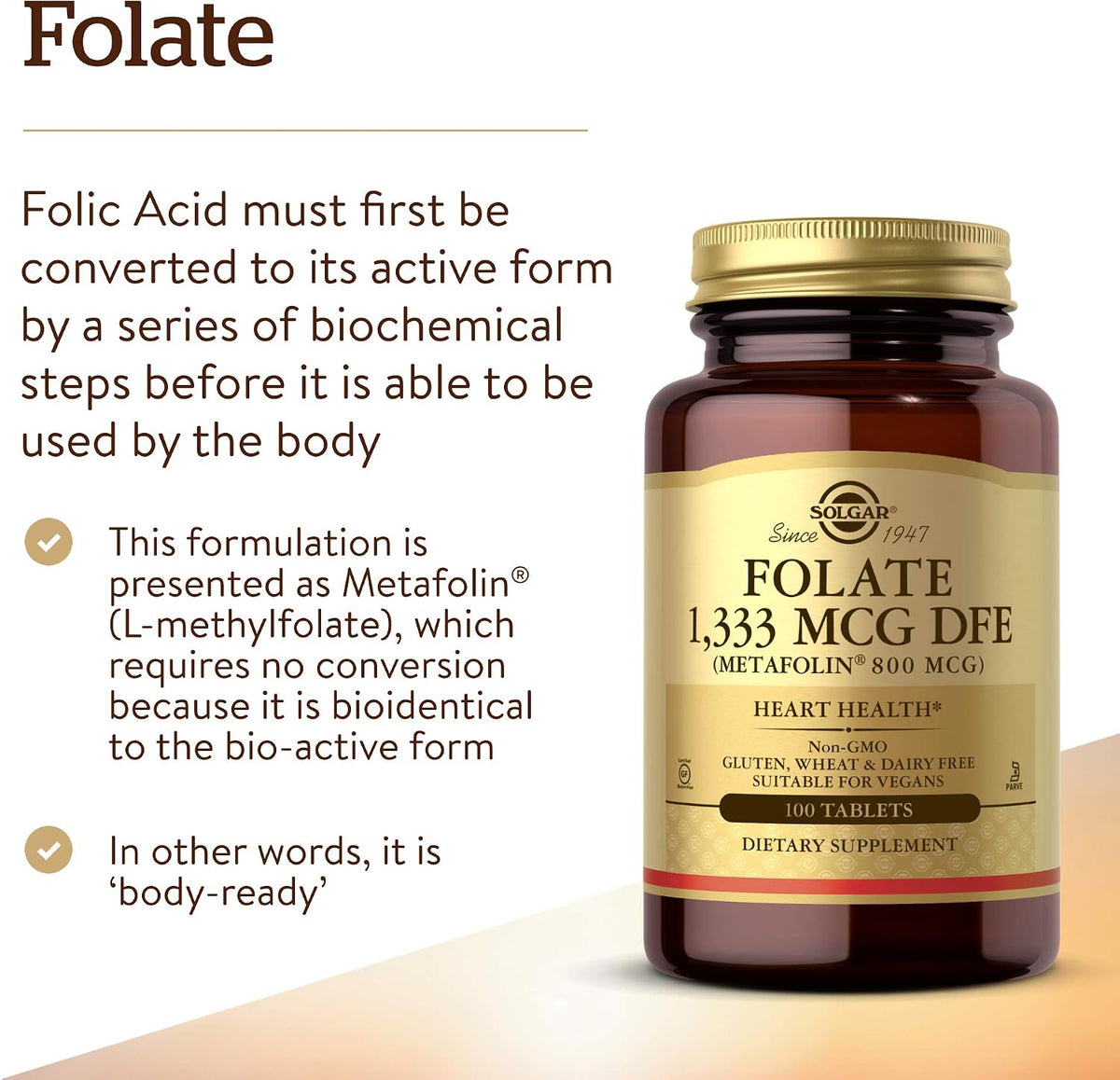 Solgar Folate 1,333 mcg DFE, 100 Tablets - 800 mcg Bio-Active Metafolin - Heart Health - Non-GMO, Vegan, Gluten Free, Dairy Free, Kosher - 100 Servings - görsel 3