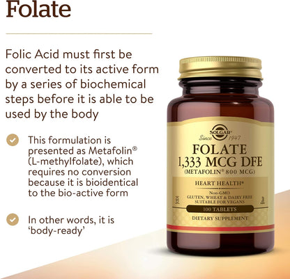 Solgar Folate 1,333 mcg DFE, 100 Tablets - 800 mcg Bio-Active Metafolin - Heart Health - Non-GMO, Vegan, Gluten Free, Dairy Free, Kosher - 100 Servings