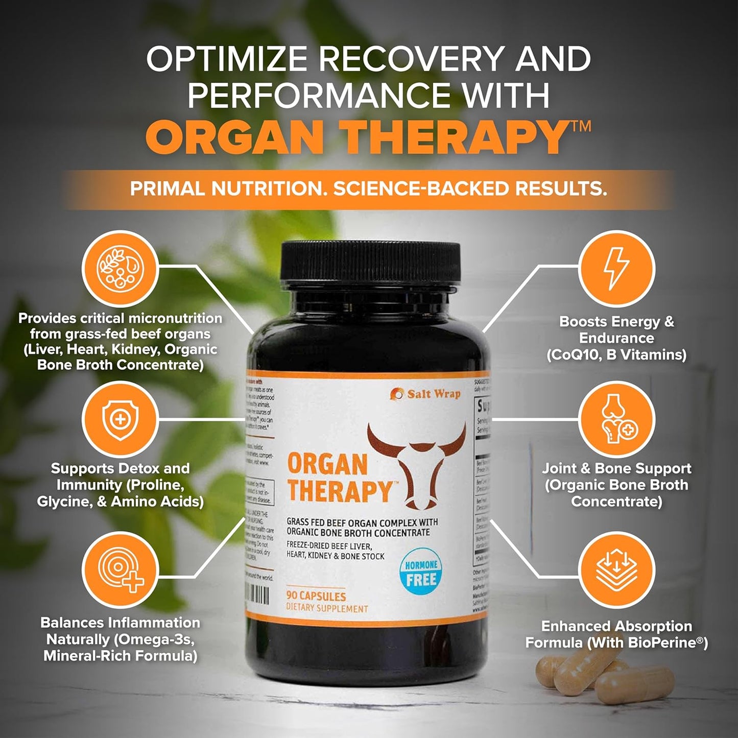 SaltWrap Organ Therapy - Grass Fed Beef Organ Meat Complex Supplement with Organic Bone Broth Concentrate (Beef Liver, Heart, Kidney and Bone Broth Capsules with BioPerine) Desiccated, 90 Capsules - görsel 5