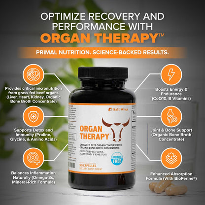 SaltWrap Organ Therapy - Grass Fed Beef Organ Meat Complex Supplement with Organic Bone Broth Concentrate (Beef Liver, Heart, Kidney and Bone Broth Capsules with BioPerine) Desiccated, 90 Capsules