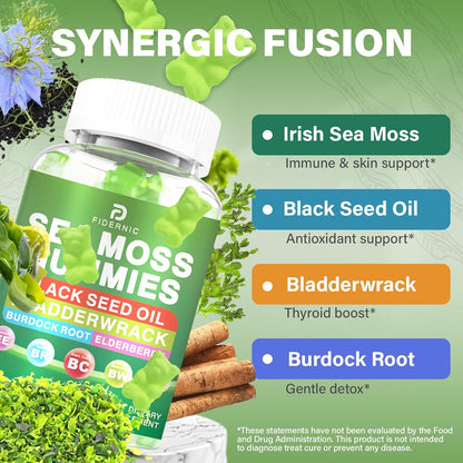 Sea Moss Gummies – Irish Sea Moss with Elderberry & Black Seed Oil, Bladderwrack, Burdock Root – Immune Health Support – Vegan Green Apple Flavour – 120 Gummies