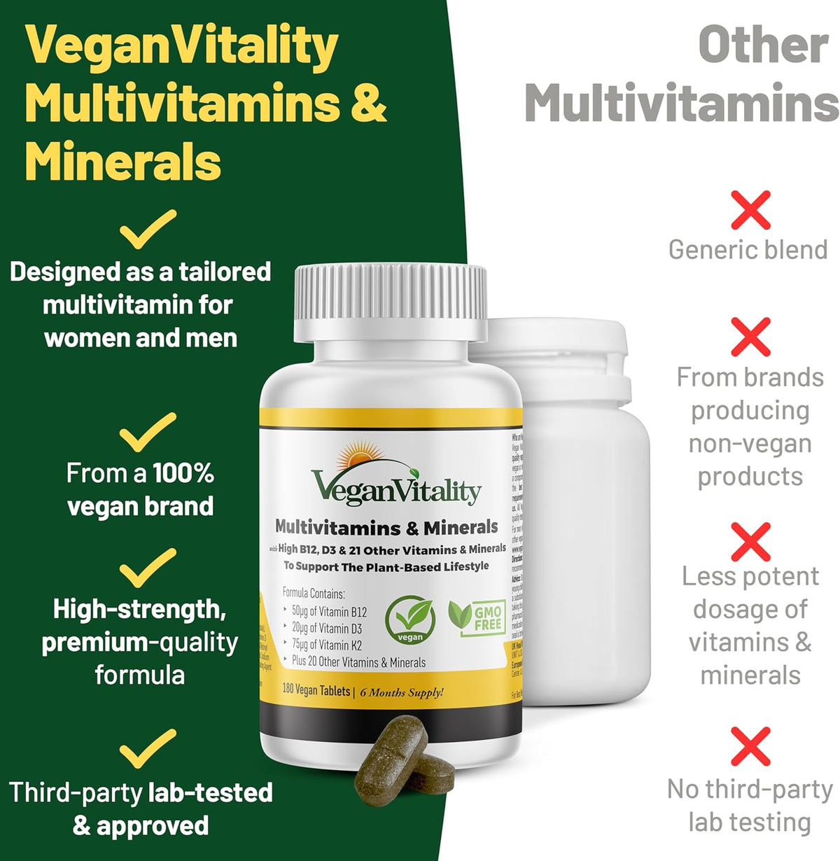 Vegan Vitality Multivitamin for Women and Men - High Strength B12, D3 & K2 - 180 Vegan Tablets - görsel 3