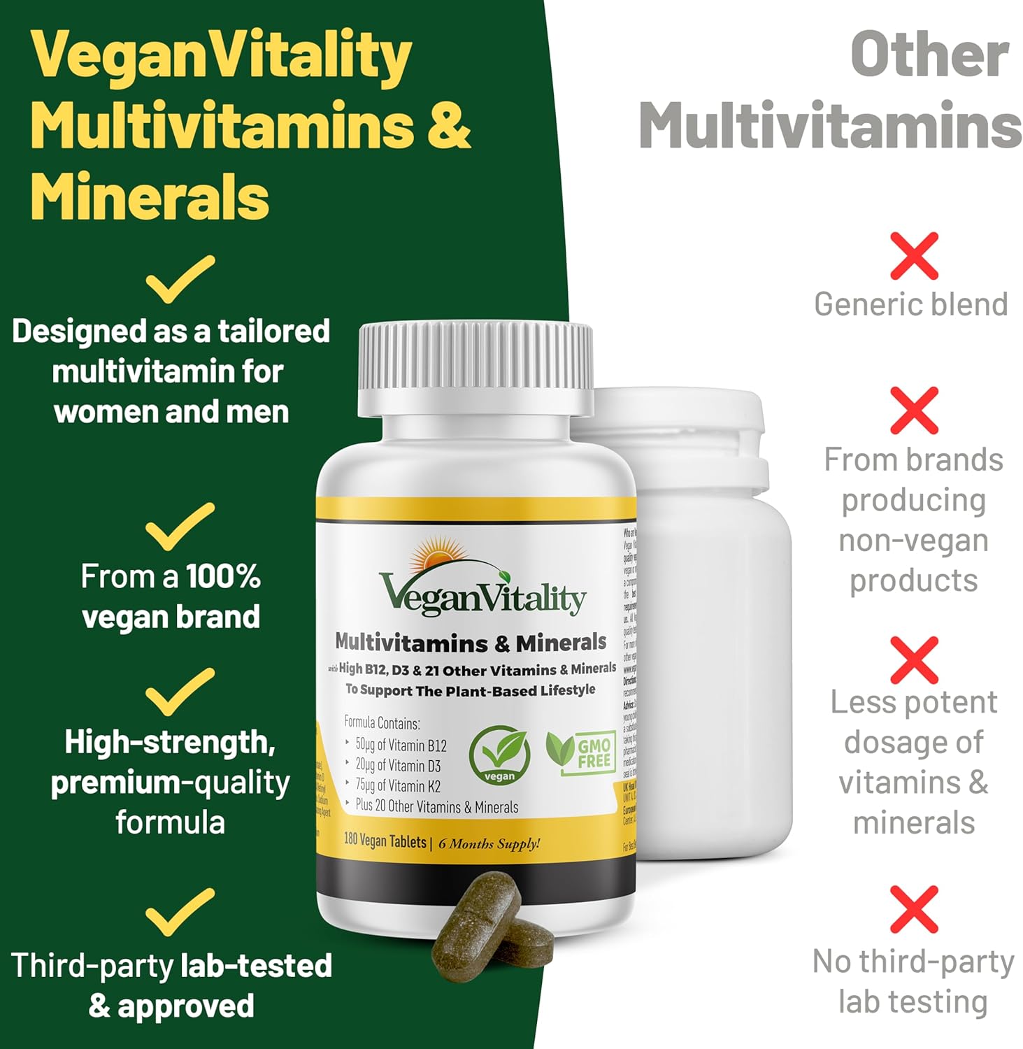 Vegan Vitality Multivitamin for Women and Men - High Strength B12, D3 & K2 - 180 Vegan Tablets - görsel 3