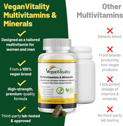 Vegan Vitality Multivitamin for Women and Men - High Strength B12, D3 & K2 - 180 Vegan Tablets