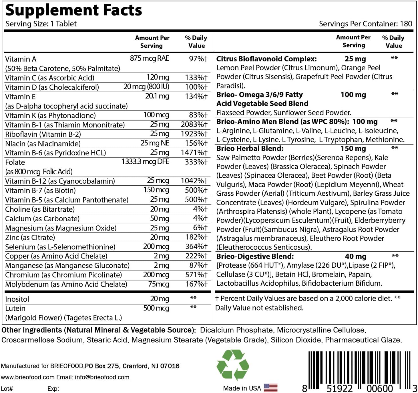 Brieofood Day-to-Day Men's Multi - Food-based Multivitamin with Vegetable Omegas, 180 Tablets - görsel 2