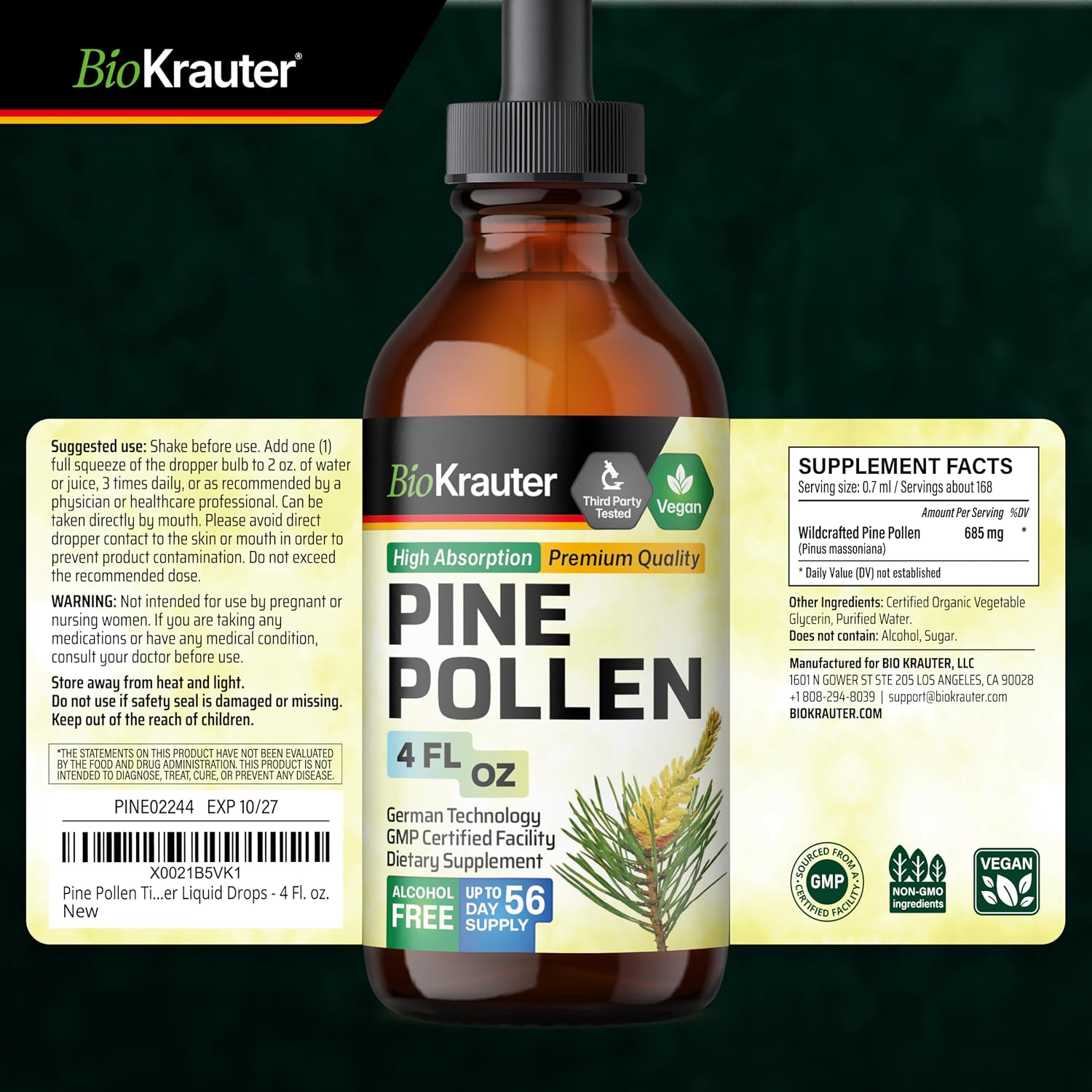 BIO KRAUTER Pine Pollen Tincture for Men's Support – Pure & Vegan, 685 mg per Serving, 118 ml - görsel 9