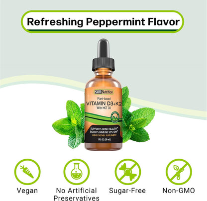 SBR Nutrition Vegan Vitamin D3 + K2 (MK-7) Liquid Drops with MCT Oil, Peppermint Flavour